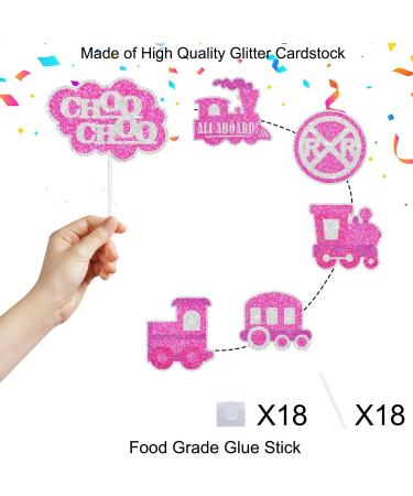 Pink Glitter Kids Train-Themed Happy Birthday Cupcake Toppers Set of 18 - Perfect for a girl's train birthday party baby shower party or themed railroad party Choo-choo decorations - SugarGera - Buy Online on GoSupps.com