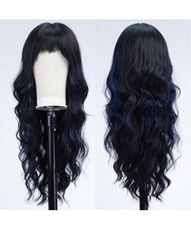 Emmor black blue highlight wig with pony curly synthetic women's wig long heat-resistant wig for everyday use natural and convenient black with blue strands