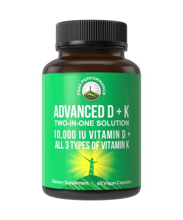 Advanced Vitamin D 10000 IU with All 3 Types of Vitamin K Capsules by Peak Performance. 10 000 IU Vitamin D3 and Vitamin K2  K1  MK-7 (MK7)  MK4 Supplement. 60 Small and Easy to Swallow Pills