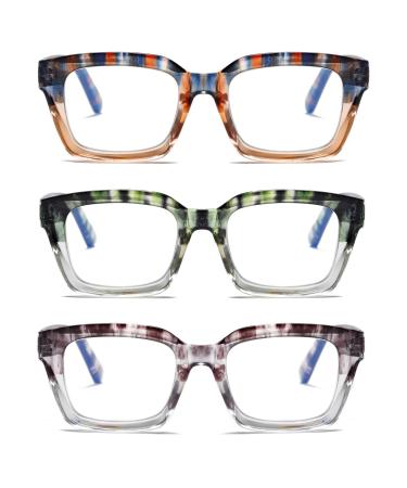Hubeye 3 Pairs Retro Oversized Large Frame Reading Glasses for Women Men Square Fashion Oprah Style Blue Light Blocking Computer Reader with Glasses Cloth Cover +2.5 Stripes (Gray/Green/Orange) 2.5 Diopters