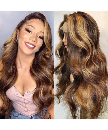 4/27 Highlight Body Wave Lace Front Wig 20 Inch Ombre Human Hair Wig For Black Women 13x6x1 T Part Middle Parting Lace Wig 20 Inch Highlight Wavy Wig