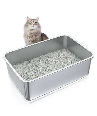 ZuHucpts Stainless Steel Cat Litter Box Extra Large Metal Litter Pan for Cats/Rabbits (Silver X-Large(24" Lx16 Wx8 H)) X-Large(24"Lx16"Wx8"H) Silver