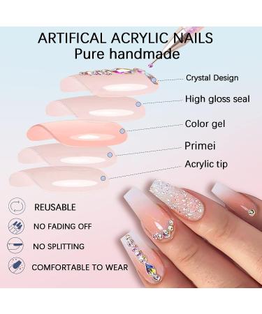 Pink Glitter Gradient Medium Ballerina Press on Nails with Crystal Gem Design - 24Pcs Luxurious False Nails Set for Women & Girls - Buy Online on GoSupps.com