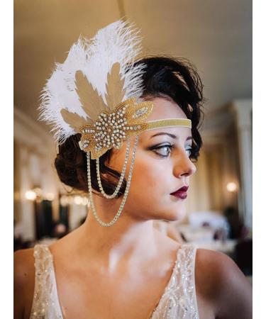 IYOU 1920 Flapper Headpiece Gold Feather Gatsby Headband Vintage Rhinestone Prom Costume Wedding Hair Accessories for Women - Buy Online on GoSupps.com