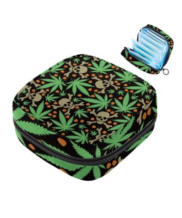Menstruation pad bag with zipper women's napkin bag tampons collective bags for women and girls (skull-leaf pattern)