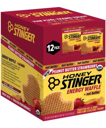 Honey Stinger Organic Peanut Butter & Strawberry Waffle Snacks - USDA Organic Kosher Certified Gluten-Free Energy-Boosting Wafers with Honey No Artificial Flavors or Preservatives Pack of 12