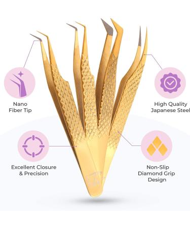 M LASH Nano Fiber Tip Diamond Grip Eyelash Extension Tweezer Set - V5 Professional Lash Tool (Gold) - Buy Online on GoSupps.com