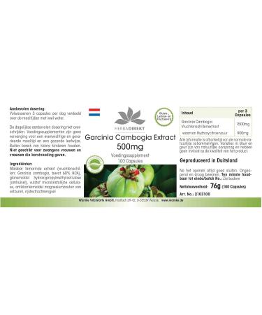 Garcinia Cambogia Extract 500mg - 100 Vegan Capsules | 60% HCA | High Dose | Herbadirekt by Warnke Vital - German Pharmacy Quality - Buy Online on GoSupps.com