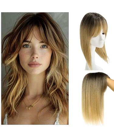 Hair Toppers 16 inches for Women Hair Pieces for Women with Multiple Non-slip Clips and Lace Base Clip in Synthethic Hair Toppers for Thinning Hair Ombre Brown Blonde Women Wiglets with Bangs