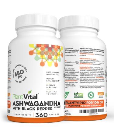 PlantVital Organic Ashwagandha Supplement with Black Pepper - 1300mg (two caps) Ashwagandha Capsules for Stress Relief Energy Increase Sleep Aid & Memory Support - 360 Vegan Ashwagandha Supplements 3 Bottles (6 Months Supply) - Buy Online on GoSupps.com