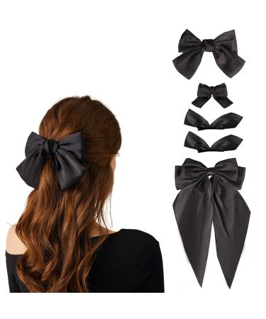 Black Hair Bow - 5PCS Hair Bows for Women Black Hair Clips Oversized Ribbon Bowknot Hairclip Soft Silky Satin Hair Bow Long Tail Hair Bows Clips French Barrette Hair Accessories Gift for Women Girls