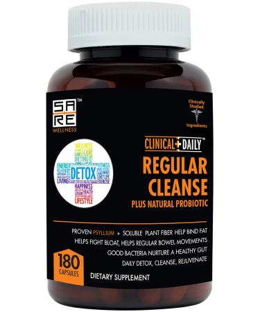 Clinical Daily Regular Cleanse Plus Natural Probiotic - Colon Cleanse & Gut Detox Supplement - Assists with Energy and Constipation Relief - Herbal Dietary Fiber Psyllium Husk Capsules - 180 Count 180 Count (Pack of 1)