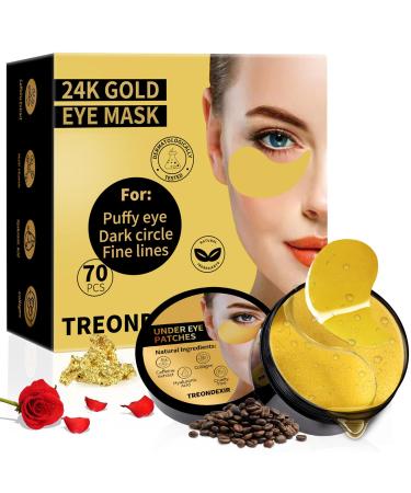 24K Gold Eye Masks for Dark Circles and Puffiness 70PCS, Under Eye Patches for Puffy Eyes Treatment, Under Eye Gel Pads w/Collagen, Caffeine, Peptides for Eye Bags Treatment, Gel Eye Mask Skincare 70PCS A-24K GOLD