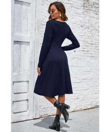 OUGES Women's Long Sleeve V-Neck Floral Midi Dress - Navy Blue (XXL) - Buy Online on GoSupps.com