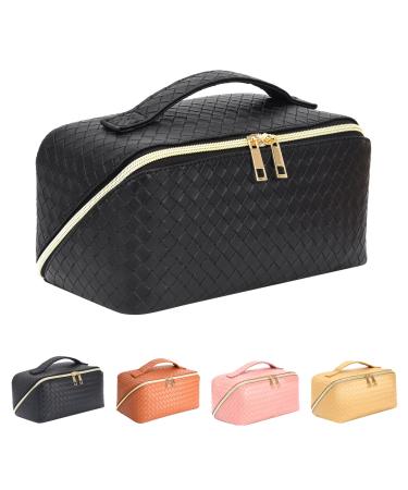 ZAUKNYA Makeup Bag - Large Capacity Travel Cosmetic Bag, Portable Leather Waterproof Women Travel Makeup Bag Organizer, with Handle and Divider Flat Lay Checkered Cosmetic Bags (Black)
