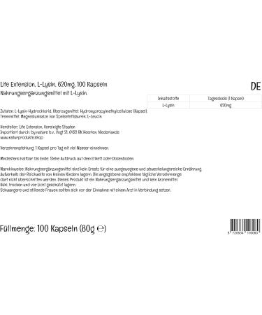 Life Extension L-Lysine 620mg High Dose Vegan Capsules - Laboratory Tested, Gluten Free, Vegetarian, SOYA Free, GMO Free - Buy Online on GoSupps.com