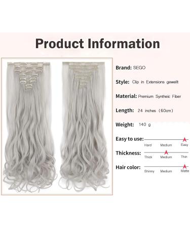 Curly Wavy Clip In Hair Extension Synthetic Matte Material 8 Pieces Clip In Hairpieces Fibre Set 24 Inch/60cm 140g Silver Grey - Buy Online on GoSupps.com