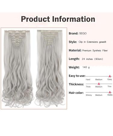 Shop Sego Clip-In Extensions Set - 8 Parts 18 Clips 60cm Silver Gray Wavy Synthetic Hair - 140g for Natural Look - Buy Online on GoSupps.com