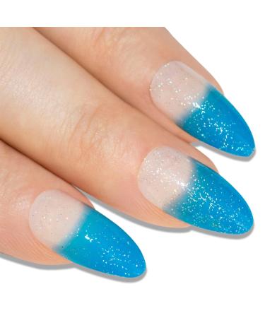 False Nails Bling Art Blue Gel Nails Stiletto Almond 24 Artificial Nails Long Tips with Glue