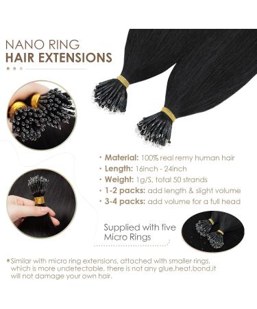 Silk-co Nano Ring Hair Extensions 1g/s Pre Bonded 50g Nano Tip Bondings 100% Real Remy Human Hai 50 Strands 1g/s #01 Jet Black 20 Inch - Buy Online on GoSupps.com