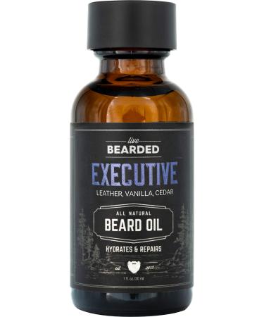 Live Bearded: Beard Oil - Executive - Premium Beard and Skin Care with Jojoba Oil - 1 fl. oz. - Beard Itch and Dry Skin Relief - Handcrafted with All-Natural Ingredients - Made in the USA Leather, Vanilla, Cedar