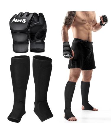 Sratte 2 Pair Boxing Shin Guards MMA Gloves Set Muay Thai Shin Guards and Hand Wraps Instep Guard Sparring Protective Leg Shin Kick Pads for Adults Kicks in Kickboxing, MMA, Muay Thai, Combat Sports