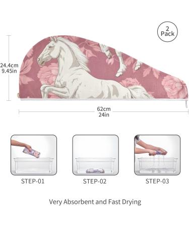 White Horse Pink Flower Hair Towel 2 Pack - Super Absorbent Quick Dry Hair Turbans for Women & Girls - Buy Online on GoSupps.com