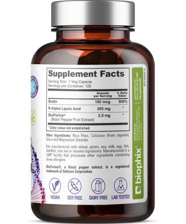 Biophix R-Lipoic Acid 300 mg - High Potency Antioxidant Support with Biotin - 120 Non-GMO Gluten Free Veggie Capsules for Energy Boost - International Shipping Available - Buy Online on GoSupps.com