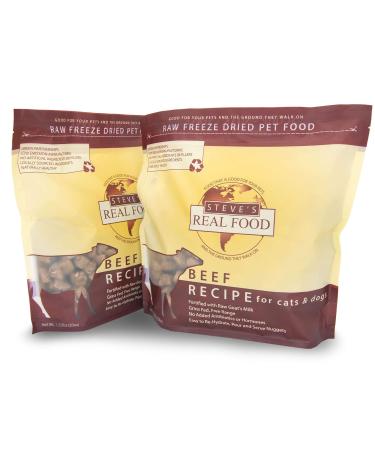 Steves Real Food Freeze-Dried Raw Food Diet for Dogs and Cats, 2-Pack, Beef Recipe, 1.25 lbs in each bag, Made in the USA, Pour and Serve Nuggets, Grass Fed & Free Range
