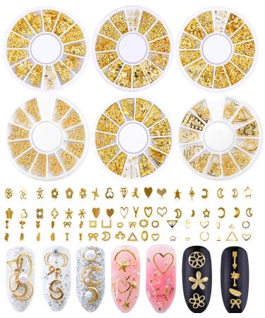 Nail Studs for Women 3D Nail Art Charms Accessories 6 Boxes Gold Metal Punk Star Moon Heart Triangle Square Rivet Gems Nail Art Jewels Decal for Girls Fingernails & Toenails Decorations Tips Manicure