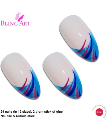 Bling Art Almond False Nails Fake Stiletto Glitter Blue Acrylic 24 Long Tip Glue - Buy Online on GoSupps.com