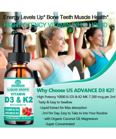 D3 K2 Vitamin 10000iu, Liquid Drop Vitamin D3 With K2 (MK-7)200mcg Coconut Oil, 6X Stronger Than D3 K2 Sofegels, Magnesium Zinc for Absorption -K2 D3 Vitamin Supplement for Joint Teeth & Bone Health Raspberry 2 Fl Oz (Pack  - Buy Online on GoSupps.com