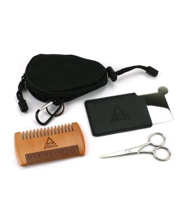 Compact Beard Grooming Kit - Travel Beard Care Set with Comb Scissors & Stainless Steel Mirror in a Pocket-Sized Nylon Zip Pouch. UK-Made.