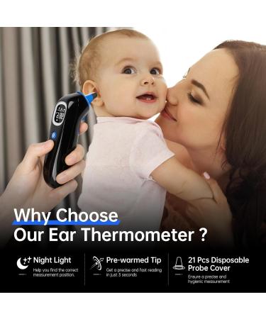High Accuracy Ear Thermometer for Babies Kids & Adults | 32 Memory Recall LED Backlit Mute Function Night Light & 21 Disposable Probe Covers - Black - Buy Online on GoSupps.com