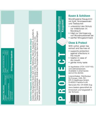 Baders Protect Oral Hygiene Chewing Gum | Antibacterial Tea Tree Oil Green Tea & Xylitol | 3x20 Squares - International Shipping Available! - Buy Online on GoSupps.com