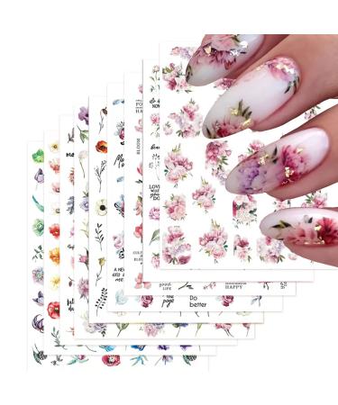 Baoximong 9 Sheets Flower Nail Art Stickers Decals 3D Self-Adhesive Nail Decals Spring Floral Nail Art Supplies Charming Daisy Leave Peony Nail Accessories for Women Nail Decorations Design Nail Stickers 03