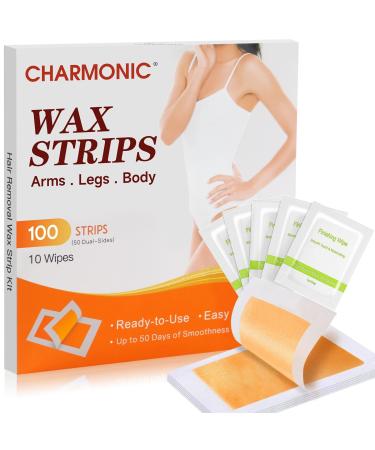 Charmonic Wax Strips for Hair Removal 100 Counts Hair Remover Waxing Strips Waxing Kit for Bikini Neck Brazilian and Leg Quick & Painless Body Wax Strip for Women & Men Contains 10 After-Wax Wipes