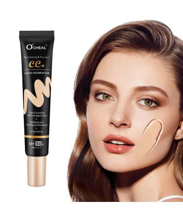 O'CHEAL CC Cream with SPF 50+ Hydrating Color Correcting Cream Full Coverage Lightweight Powder Foundation Waterproof Long Lasting Pre-makeup Primer Facial Concealer Refine Skin Texture (Natural) Nature