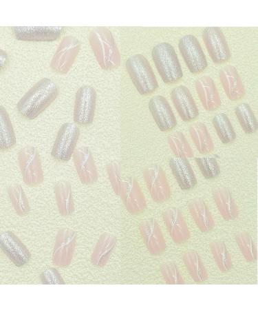 24pcs Short French False Nails - Almond Square Press On Nails with Glue - Silver Pink White Lines Design - For Women and Girls Nail Art - Buy Online on GoSupps.com