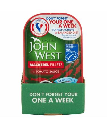 John West Mackerel Fillets in Tomato Sauce- Skinless & Boneless - High in Omega 3 - Great Flavour - 10x125g