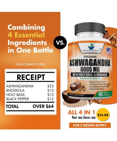 Organic Ashwagandha 6005mg + Rhodiola Rosea + Holy Basil + Black Pepper Extract Capsules - Stress Relief, Mood Enhancer, Thyroid Support - 90 Veggie Capsules - Buy Online on GoSupps.com
