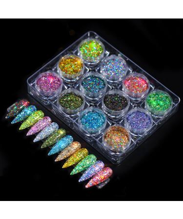 MKNZOME 12 Jars Chrome Nail Powder Festival Glitter Nail Chrome Powders Nail Glitter Mirror Chrome Nail Powder Holographic Ultra Fine Glitter Powder Set 1g/Jar #3