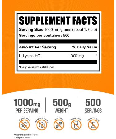 BulkSupplements L-Lysine Powder 1000mg - Immune Support Supplement - Gluten Free - 500g (500 Servings) - L-Lysine HCl - Buy Online on GoSupps.com