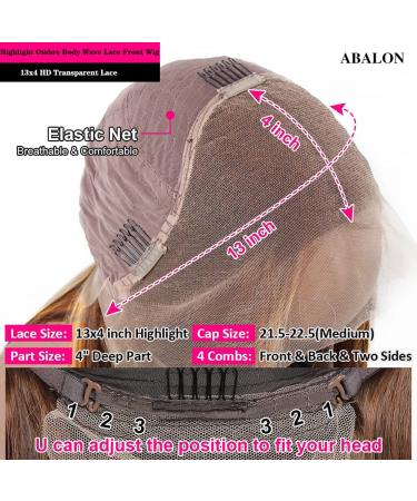 ABALON Honey Blonde Body Wave Ombre Lace Front Wig - 24 Inch 180% Density, Pre Plucked with Baby Hair, Colored Highlight P4/27, HD Transparent Lace Frontal Wig for Women - Buy Online on GoSupps.com