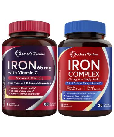 Doctor's Recipes Iron 65 mg & Iron Complex Bundle Energy Production & Blood Health Stomach Friendly Iron Tablets 60 ct & Iron Capsules 30 ct