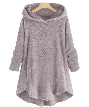 Hanxiulin Women's Fleece Plush Jacket - Warm Hooded Winter Parka Fluffy Zippered Long Down Coat for Outdoor Comfort - Gray - Buy Online on GoSupps.com