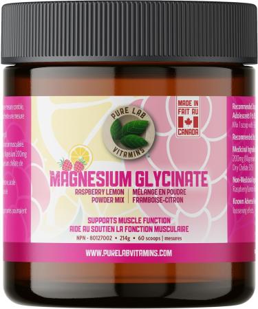 Pure Lab Vitamins - Magnesium Glycinate Raspberry Lemon Powder Mix 214g - Magnesium Supplement for Muscle Cramps Relaxation Sleep Support Healthy Bones and Teeth
