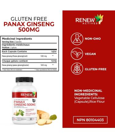 Renew Actives Panax Ginseng Supplement - 500mg Per Serving for Energy and Cognitive Function - Vegan Capsules, Gluten & GMO Free - Buy Online on GoSupps.com