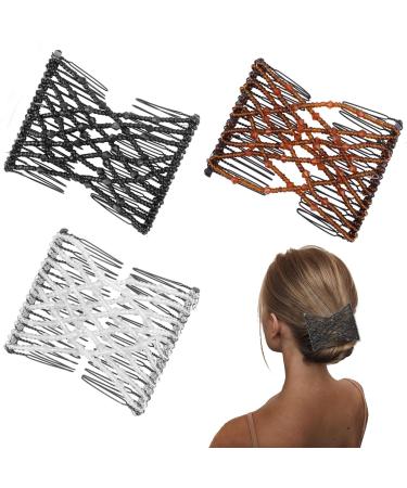 Magic Hair Combs for Women 3Pcs Crystal Beads Hair Slides Elastic Pearls Double Comb Decorative Stretchy Hair Comb Clip DIY Hair Accessories for Ladies Girls Hair styling