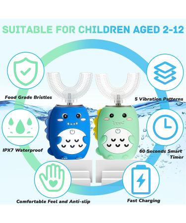 Kids Electric U-Shaped Ultrasonic Toothbrush Set | Rechargeable Toddler Toothbrush with 4 Brush Heads | Waterproof Cartoon Dinosaur Design | 5 Clean Modes | Ages 2-12 (Blue/Green) - Buy Online on GoSupps.com